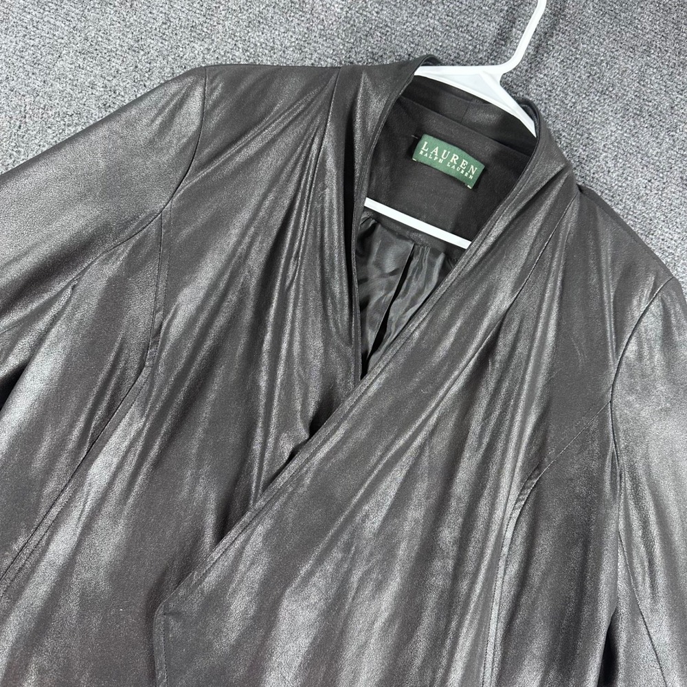 Lauren Ralph Lauren Faux Leather Jacket Womens L Large Black Open Front Draped